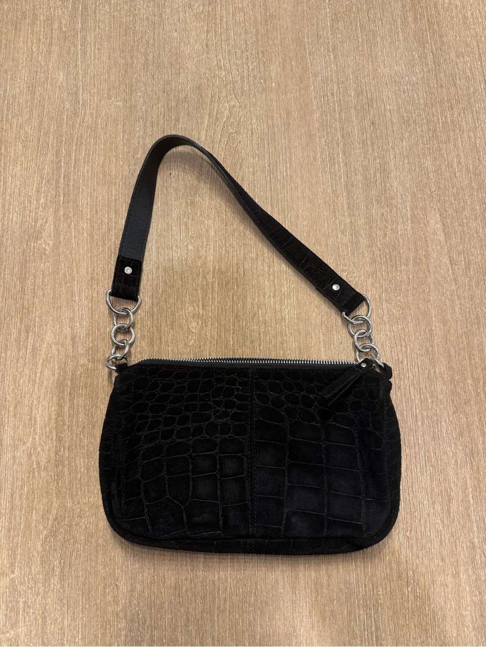 Free People Black Croc-Embossed Mini Shoulder Bag with Chain Links